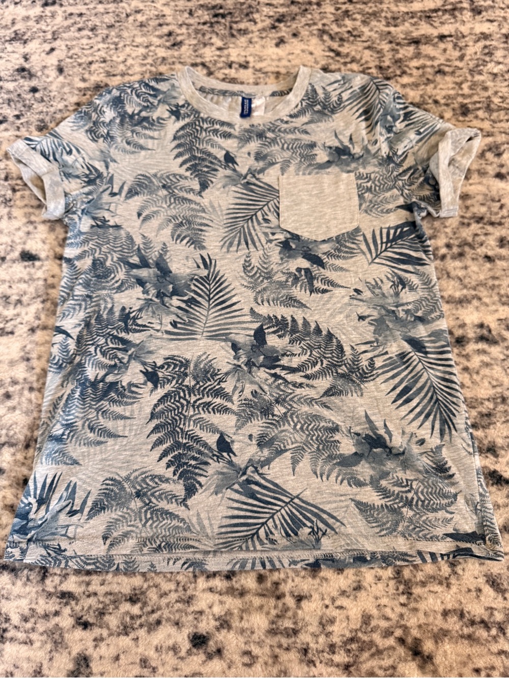 H&M Gray Tee with Blue Botanical Print and Pocket
